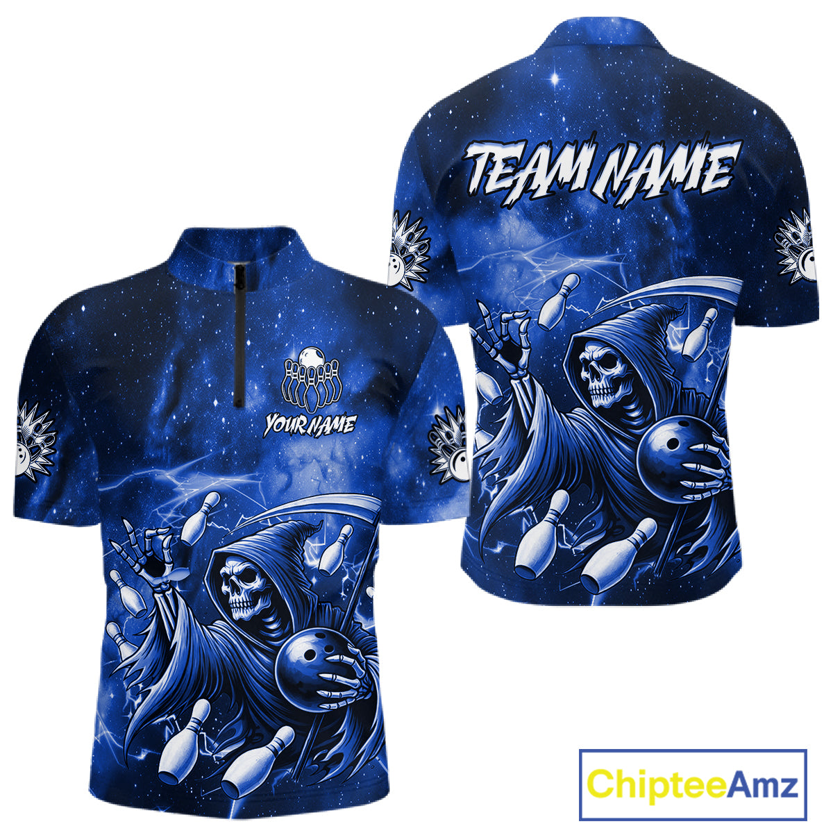 Funny Blue Grim Reaper Galaxy Bowling Shirt For Men Custom Bowling Team Jersey Polo & 1/4 Zip TDM6079