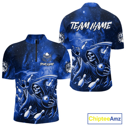 Funny Blue Grim Reaper Galaxy Bowling Shirt For Men Custom Bowling Team Jersey Polo & 1/4 Zip TDM6079