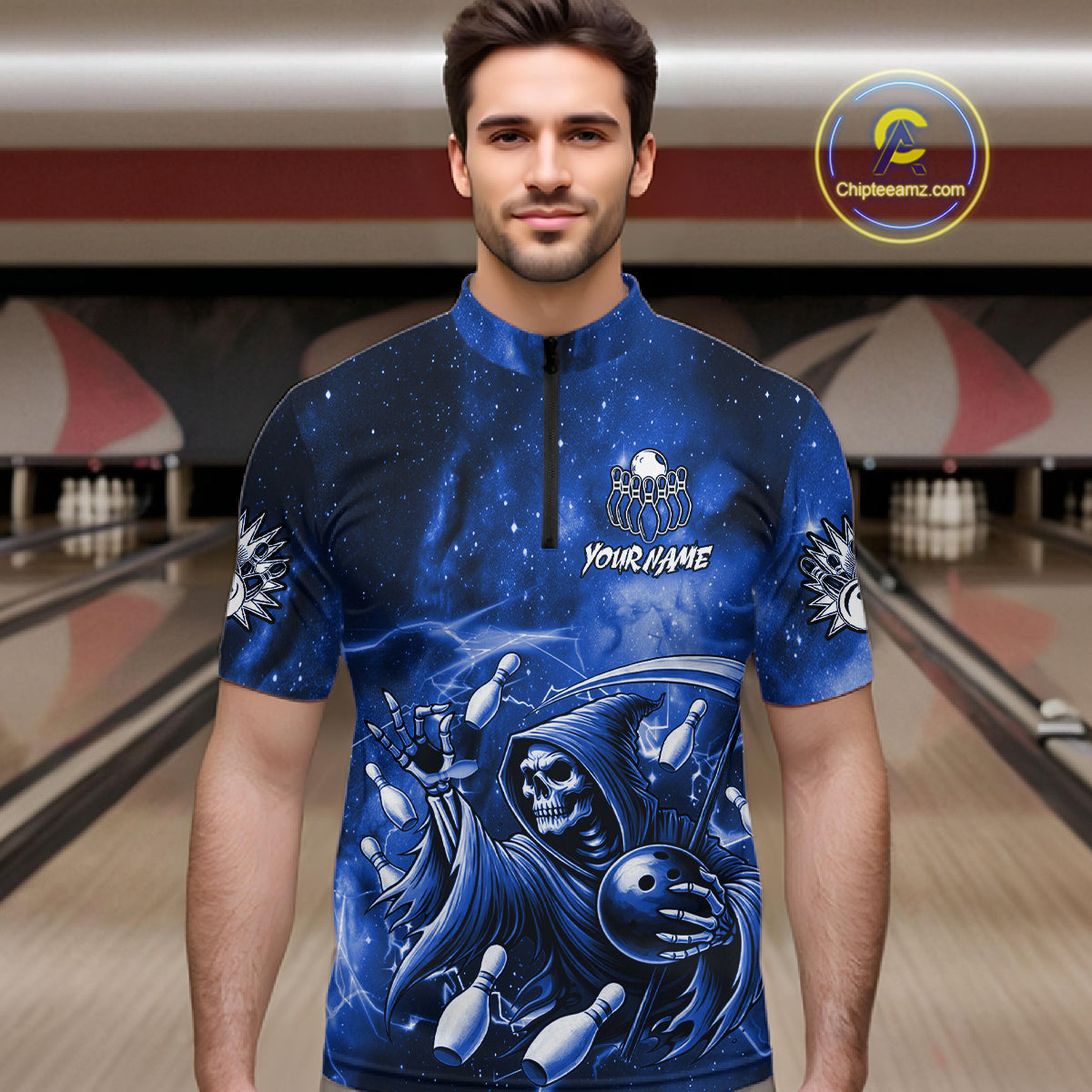 Funny Blue Grim Reaper Galaxy Bowling Shirt For Men Custom Bowling Team Jersey Polo & 1/4 Zip TDM6079