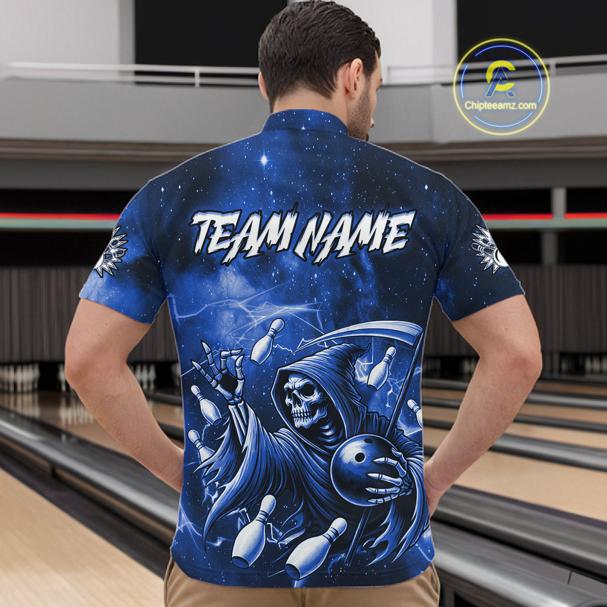 Funny Blue Grim Reaper Galaxy Bowling Shirt For Men Custom Bowling Team Jersey Polo & 1/4 Zip TDM6079