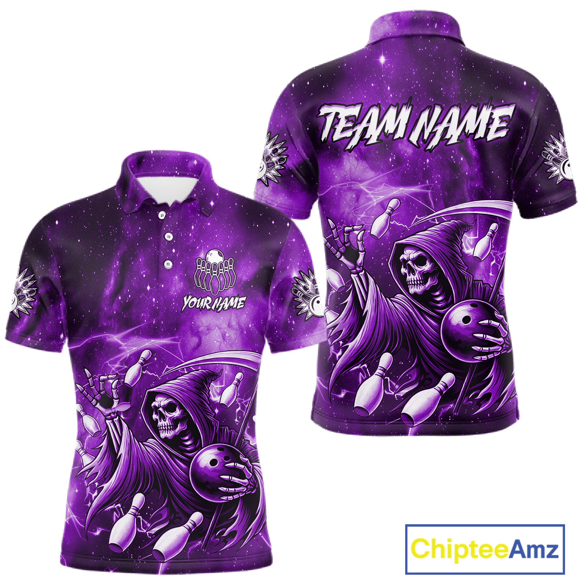 Funny Purple Grim Reaper Galaxy Bowling Shirt For Men Custom Bowling Team Jersey Polo & 1/4 Zip TDM6080