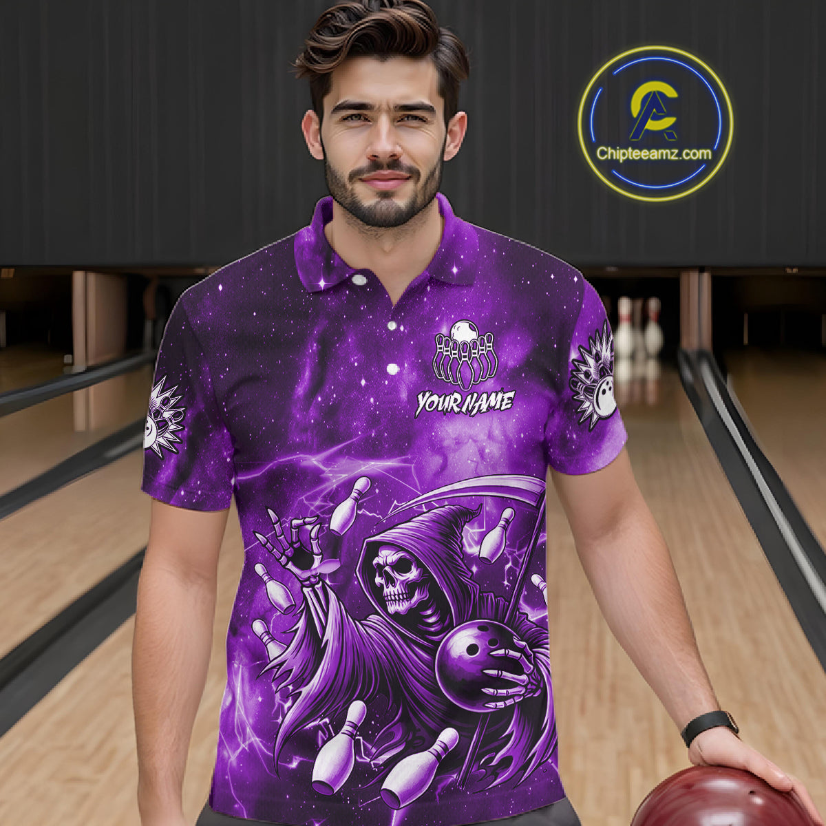 Funny Purple Grim Reaper Galaxy Bowling Shirt For Men Custom Bowling Team Jersey Polo & 1/4 Zip TDM6080