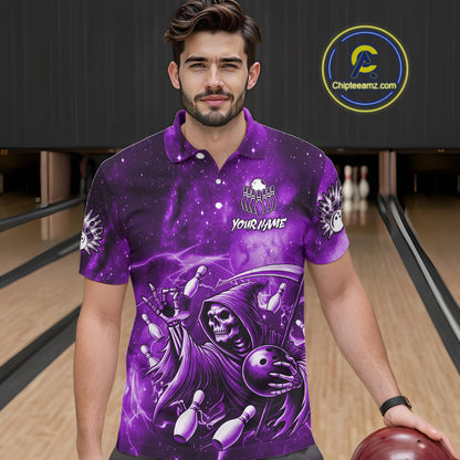 Funny Purple Grim Reaper Galaxy Bowling Shirt For Men Custom Bowling Team Jersey Polo & 1/4 Zip TDM6080