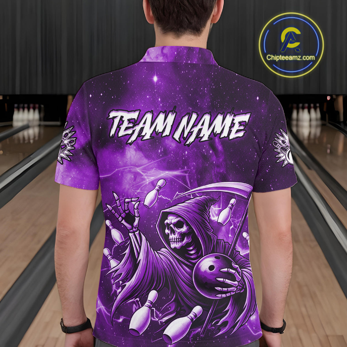 Funny Purple Grim Reaper Galaxy Bowling Shirt For Men Custom Bowling Team Jersey Polo & 1/4 Zip TDM6080
