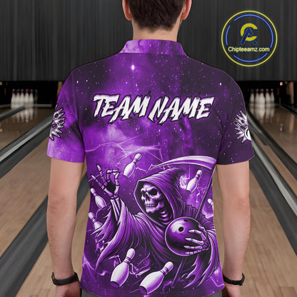 Funny Purple Grim Reaper Galaxy Bowling Shirt For Men Custom Bowling Team Jersey Polo & 1/4 Zip TDM6080