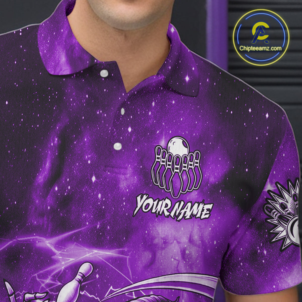 Funny Purple Grim Reaper Galaxy Bowling Shirt For Men Custom Bowling Team Jersey Polo & 1/4 Zip TDM6080