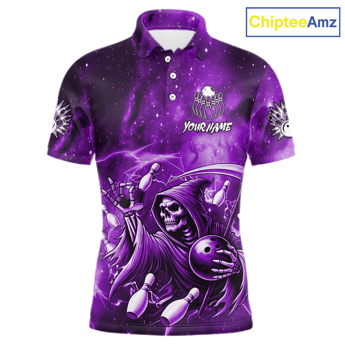 Funny Purple Grim Reaper Galaxy Bowling Shirt For Men Custom Bowling Team Jersey Polo & 1/4 Zip TDM6080
