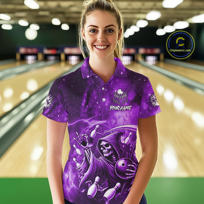 Funny Purple Grim Reaper Galaxy Bowling Shirt For Women Custom Bowling Team Jersey Polo & 1/4 Zip TDM6080