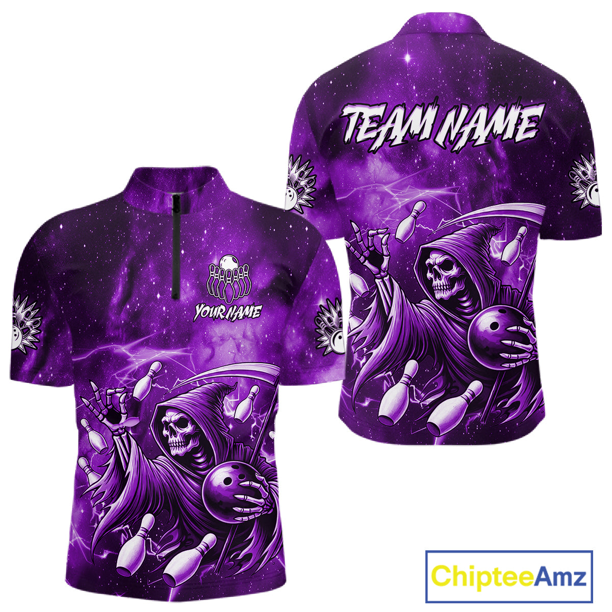 Funny Purple Grim Reaper Galaxy Bowling Shirt For Men Custom Bowling Team Jersey Polo & 1/4 Zip TDM6080