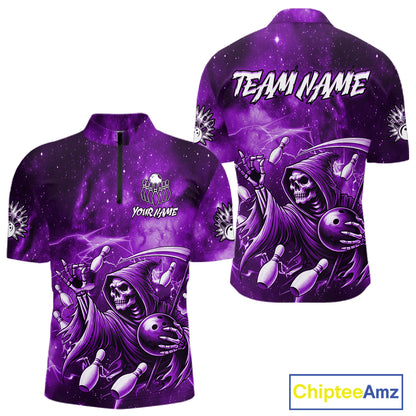Funny Purple Grim Reaper Galaxy Bowling Shirt For Men Custom Bowling Team Jersey Polo & 1/4 Zip TDM6080