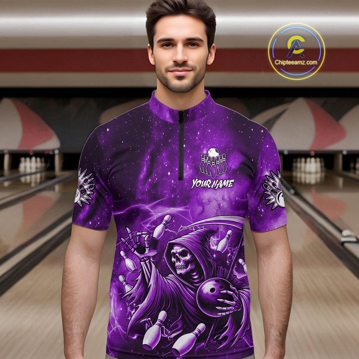 Funny Purple Grim Reaper Galaxy Bowling Shirt For Men Custom Bowling Team Jersey Polo & 1/4 Zip TDM6080