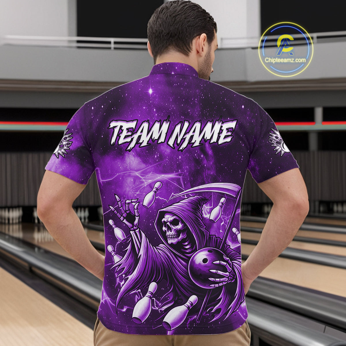 Funny Purple Grim Reaper Galaxy Bowling Shirt For Men Custom Bowling Team Jersey Polo & 1/4 Zip TDM6080