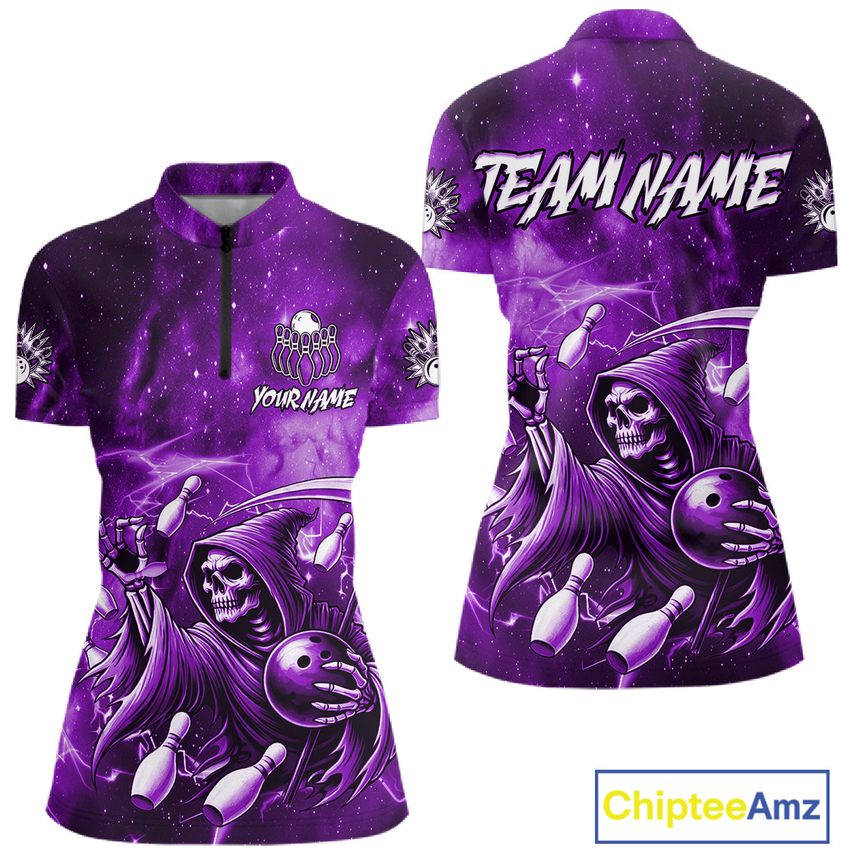 Funny Purple Grim Reaper Galaxy Bowling Shirt For Women Custom Bowling Team Jersey Polo & 1/4 Zip TDM6080