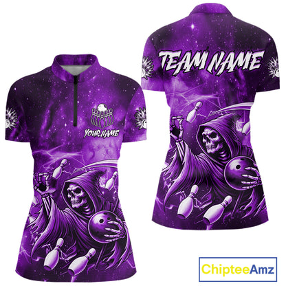 Funny Purple Grim Reaper Galaxy Bowling Shirt For Women Custom Bowling Team Jersey Polo & 1/4 Zip TDM6080