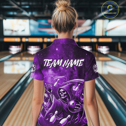 Funny Purple Grim Reaper Galaxy Bowling Shirt For Women Custom Bowling Team Jersey Polo & 1/4 Zip TDM6080