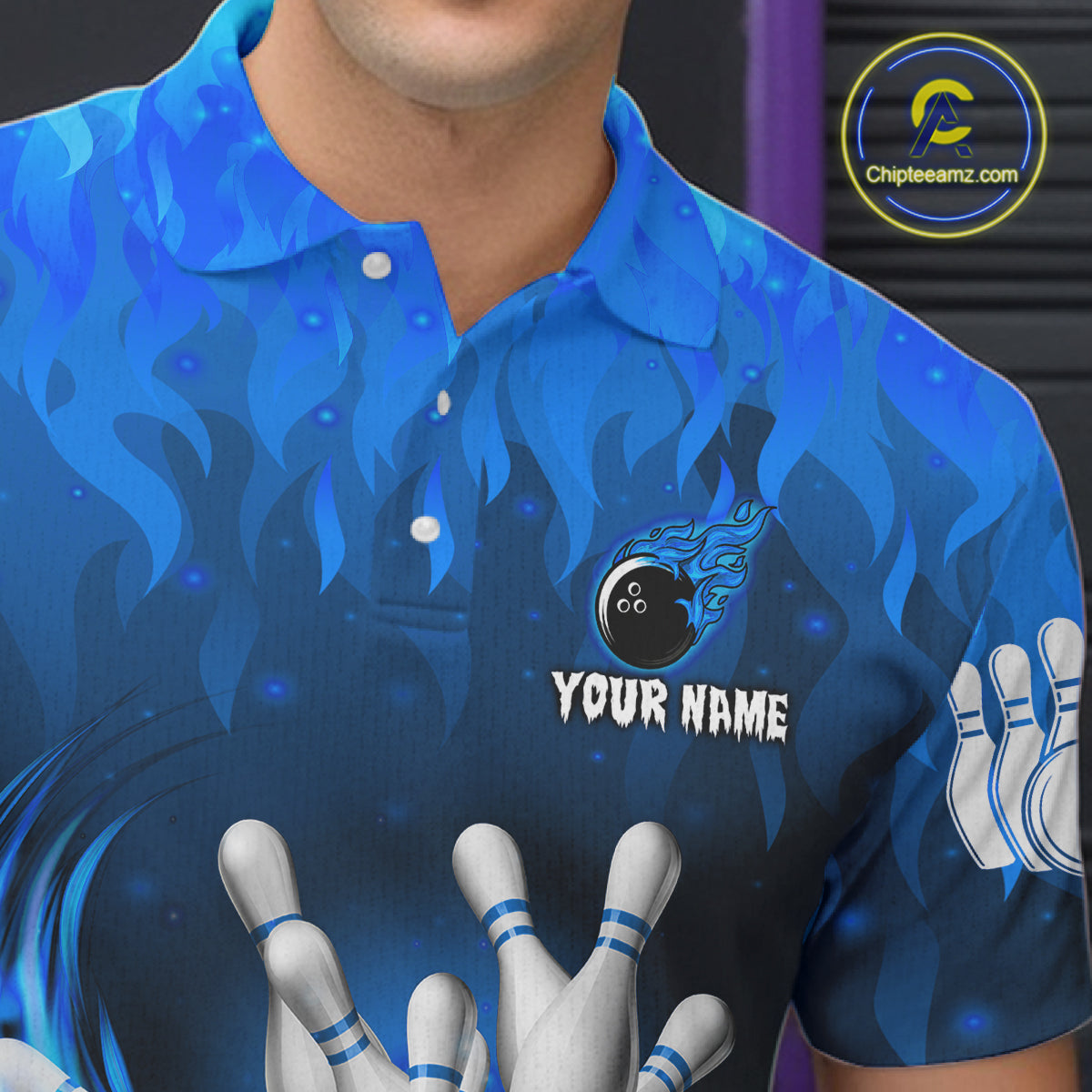 Personalized Flame Blue Bowling Shirt For Men Custom Fire Bowling Team Jersey Polo & 1/4 Zip TDM6090