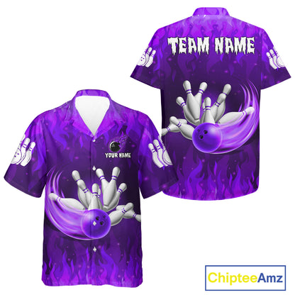 Personalized Flame Purple Hawaiian Bowling Shirt For Women Custom Fire Bowling Team Jersey TDM6091