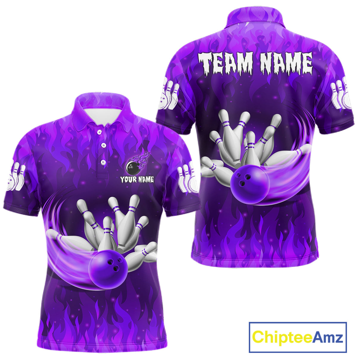 Personalized Flame Purple Bowling Shirt For Men Custom Fire Bowling Team Jersey Polo & 1/4 Zip TDM6091