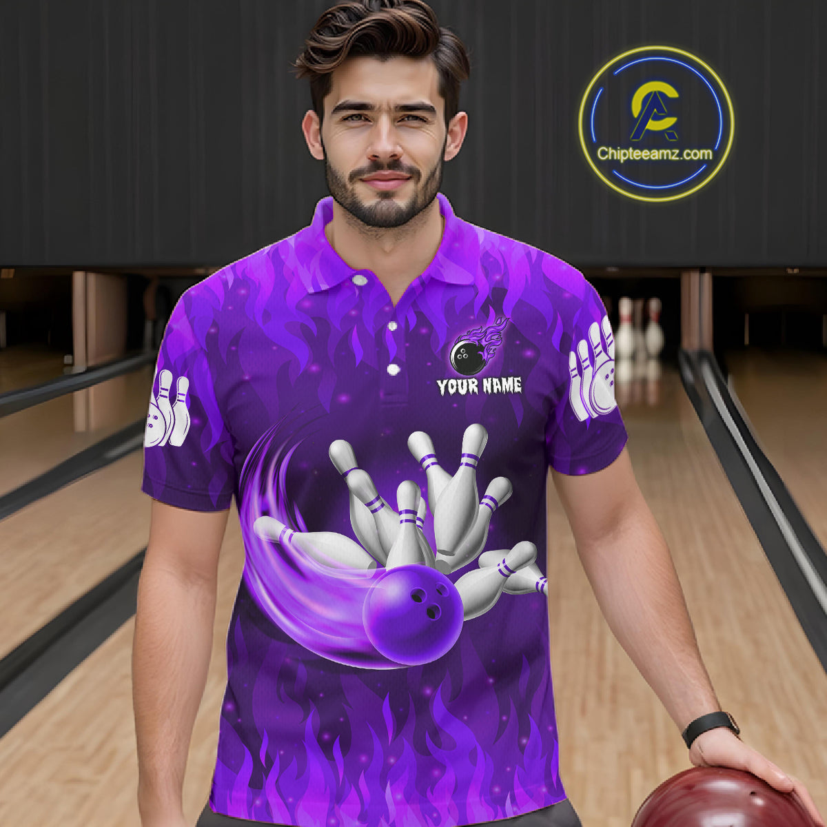 Personalized Flame Purple Bowling Shirt For Men Custom Fire Bowling Team Jersey Polo & 1/4 Zip TDM6091