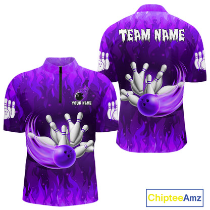 Personalized Flame Purple Bowling Shirt For Men Custom Fire Bowling Team Jersey Polo & 1/4 Zip TDM6091