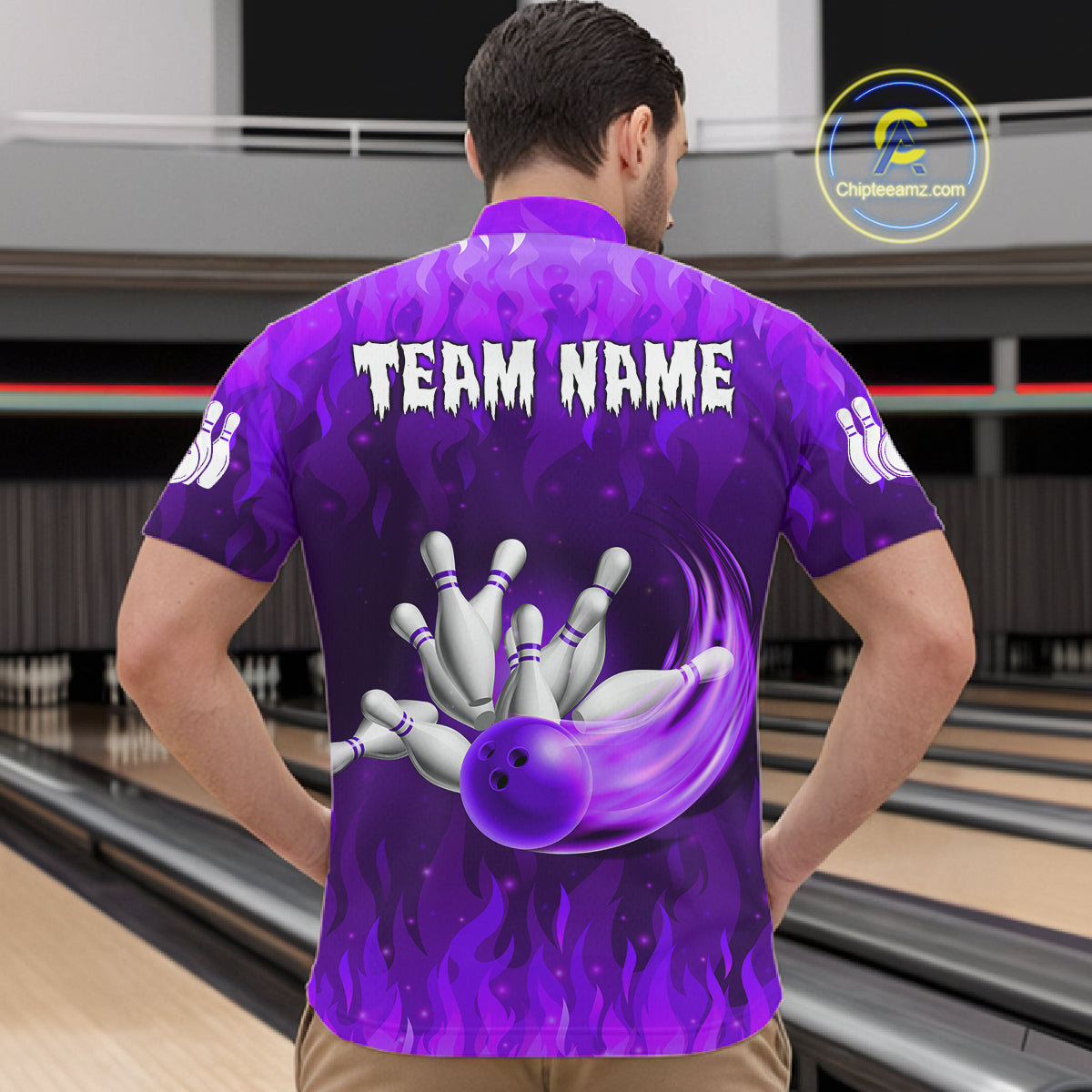 Personalized Flame Purple Bowling Shirt For Men Custom Fire Bowling Team Jersey Polo & 1/4 Zip TDM6091
