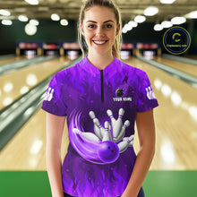 Load image into Gallery viewer, Personalized Flame Purple Bowling Shirt For Women Custom Fire Bowling Team Jersey Polo &amp; 1/4 Zip TDM6091