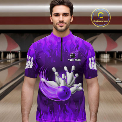Personalized Flame Purple Bowling Shirt For Men Custom Fire Bowling Team Jersey Polo & 1/4 Zip TDM6091