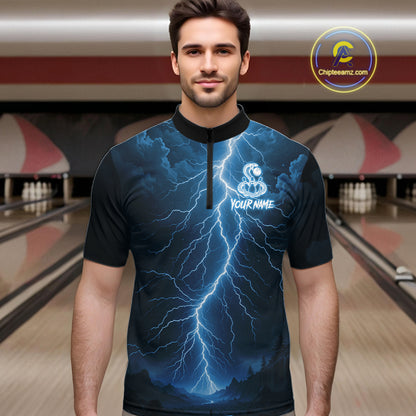 Custom Blue Lightning Cobra Snake Bowling Shirt For Men, Bowling Team Jersey Polo & 1/4 Zip TDM6350