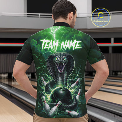 Custom Green Lightning Cobra Snake Bowling Shirt For Men, Bowling Team Jersey Polo & 1/4 Zip TDM6352
