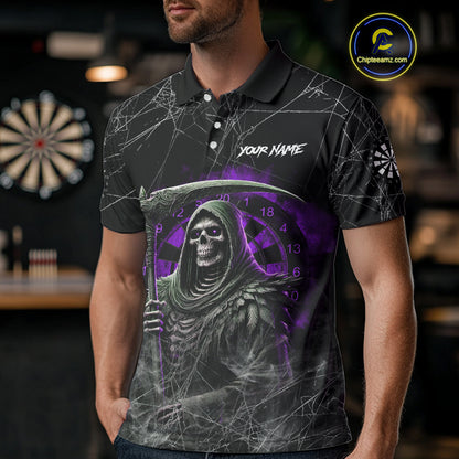 Black And Purple Smoke Grim Reaper Funny Dart Shirts For Men Custom Dart Jerseys, Darts Clothing TDM4006