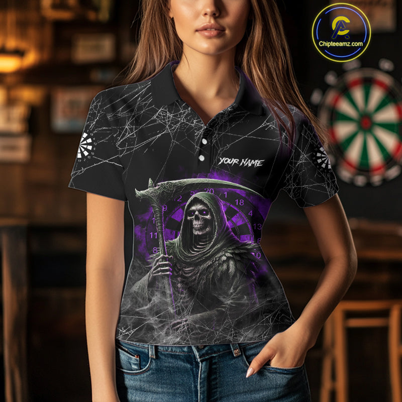 Black And Purple Smoke Grim Reaper Funny Dart Shirts For Women Custom Dart Jerseys, Darts Clothing TDM4006