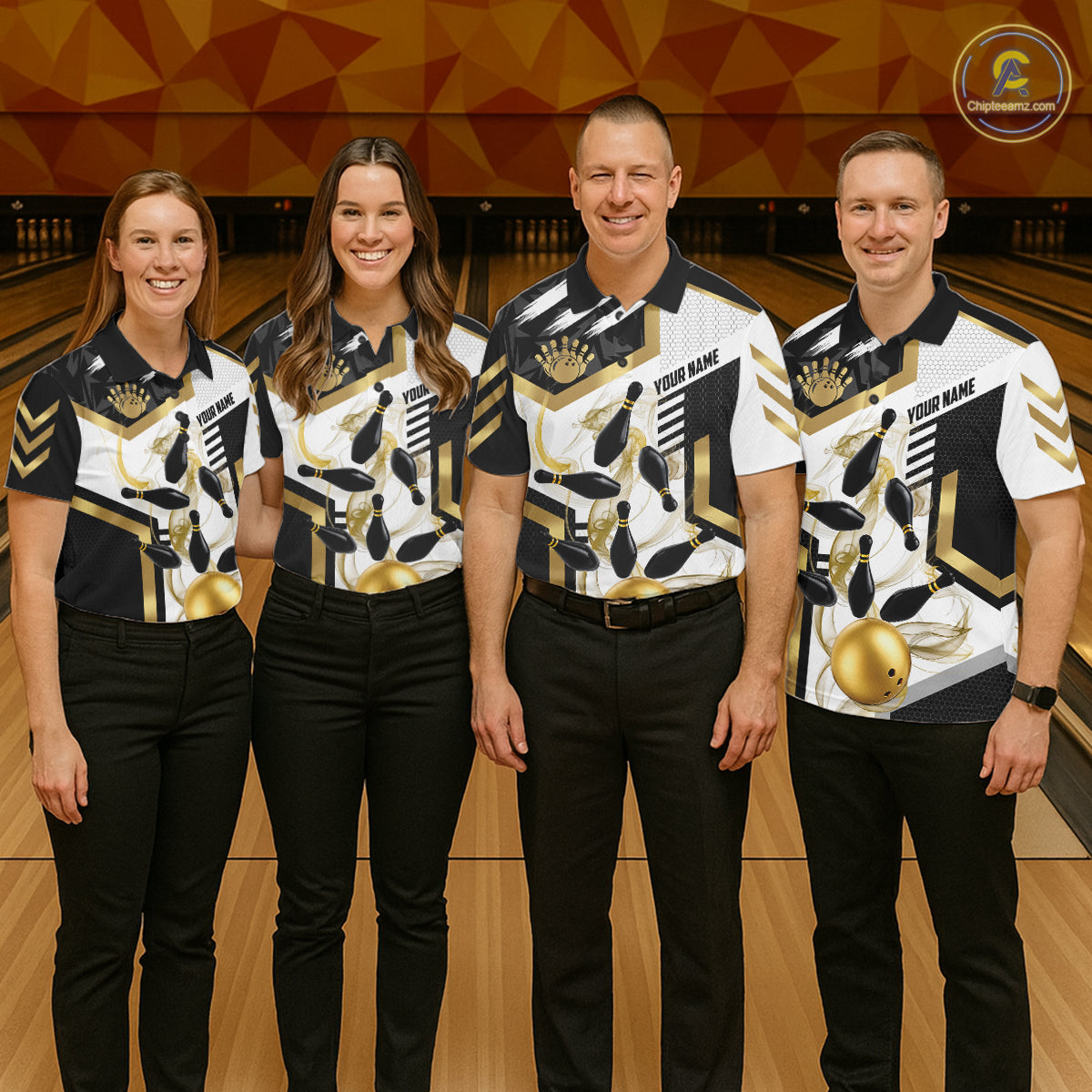 Custom Smoke Bowling Pins Polo & Quarter Zip Shirt For Men, Bowling League Team Jersey |Gold TDM6521