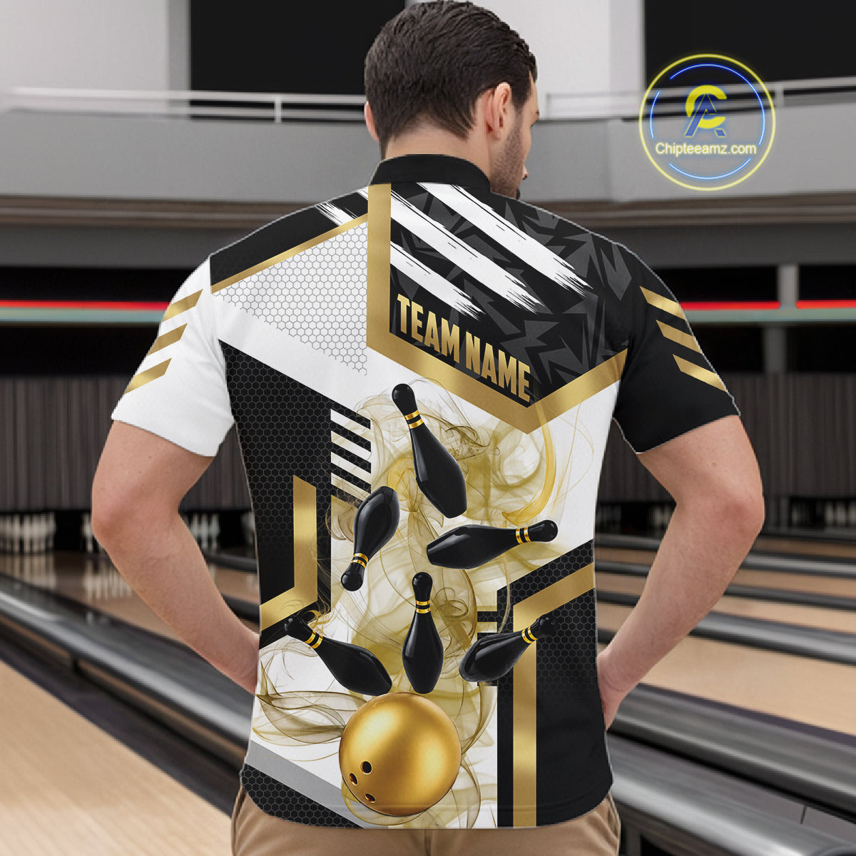 Custom Smoke Bowling Pins Polo & Quarter Zip Shirt For Men, Bowling League Team Jersey |Gold TDM6521
