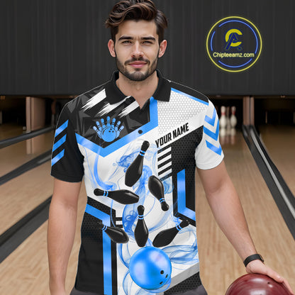 Custom Smoke Bowling Pins Polo & Quarter Zip Shirt For Men, Bowling League Team Jersey |Blue TDM6522