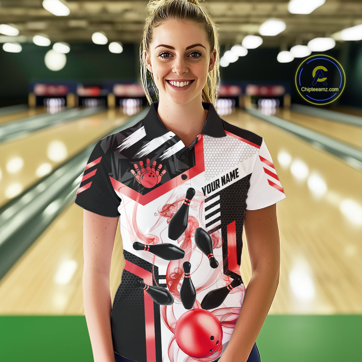 Custom Smoke Bowling Pins Polo & Quarter Zip Shirt For Women, Bowling League Team Jersey |Red TDM6523