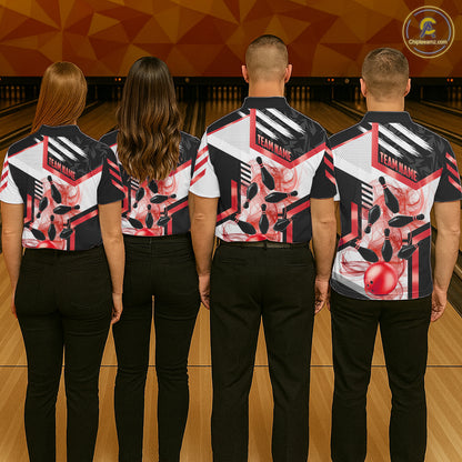 Custom Smoke Bowling Pins Polo & Quarter Zip Shirt For Women, Bowling League Team Jersey |Red TDM6523