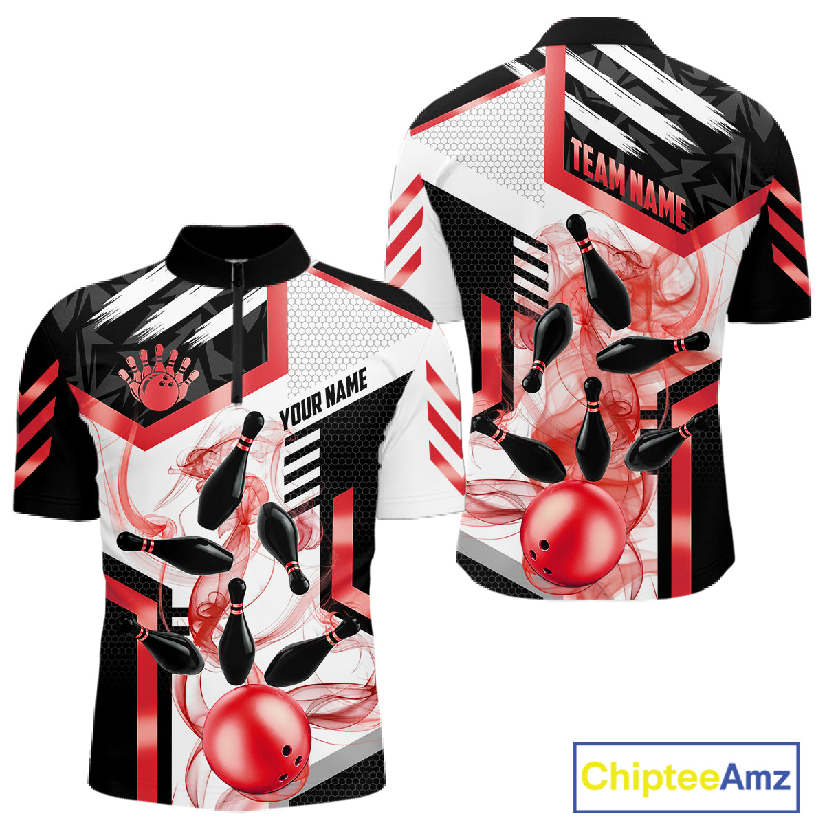 Custom Smoke Bowling Pins Polo & Quarter Zip Shirt For Men, Bowling League Team Jersey |Red TDM6523