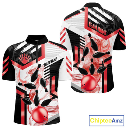 Custom Smoke Bowling Pins Polo & Quarter Zip Shirt For Men, Bowling League Team Jersey |Red TDM6523