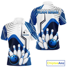 Load image into Gallery viewer, Custom White And Blue Bowling Ball Polo &amp; Quarter Zip For Men, Bowling Team Shirts, Bowling Jersey TDM6525