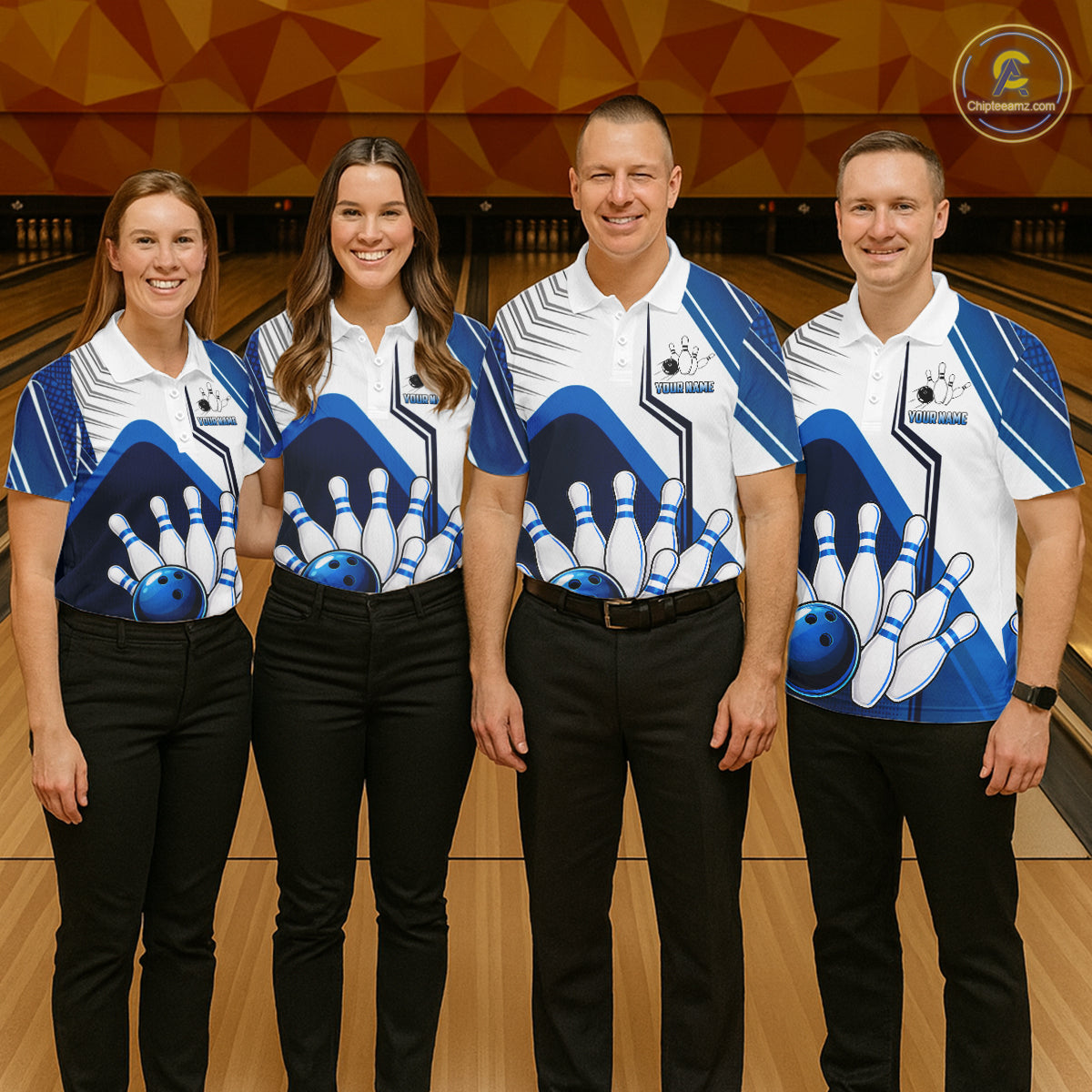 Custom White And Blue Bowling Ball Polo & Quarter Zip For Women, Bowling Team Shirts, Bowling Jersey TDM6525