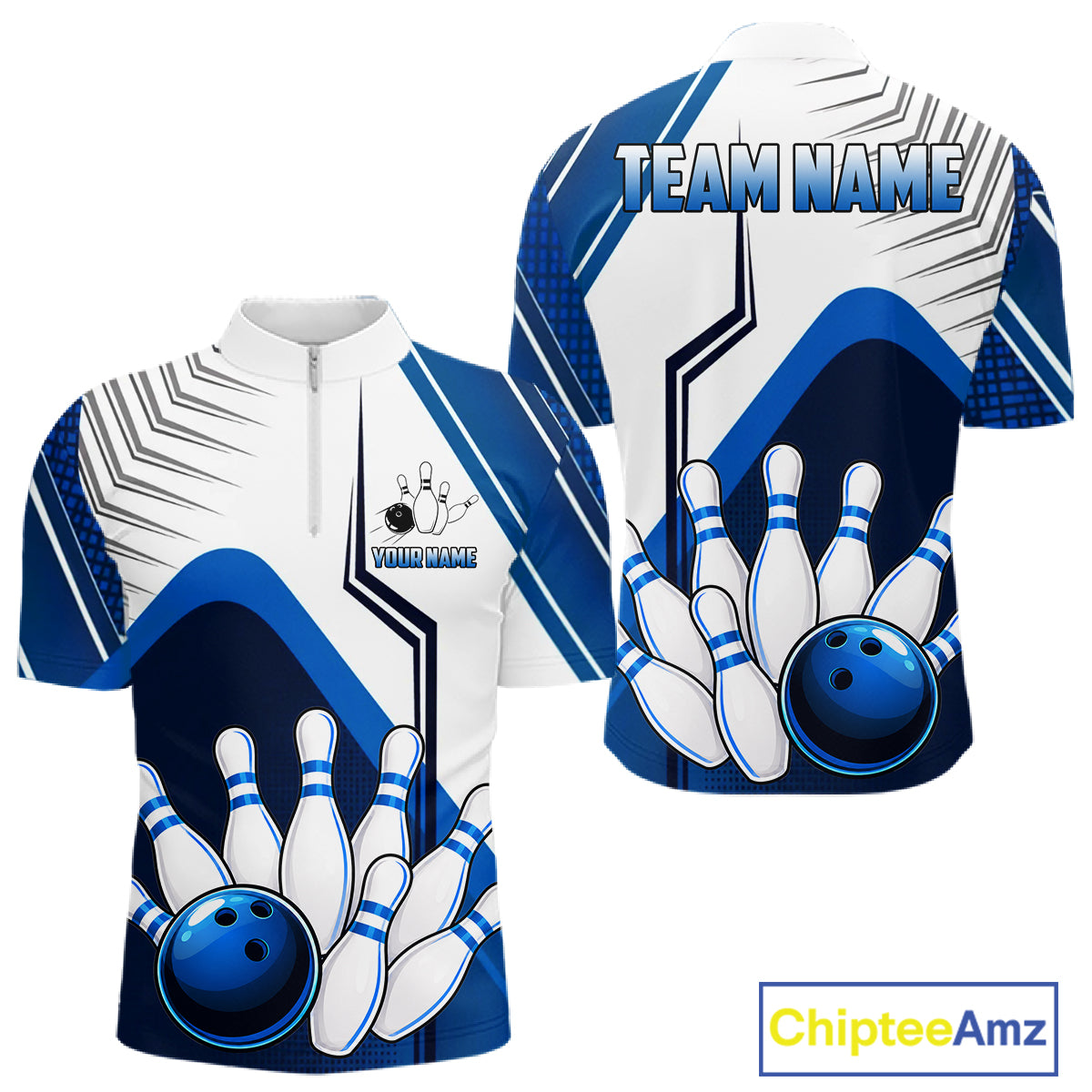 Custom White And Blue Bowling Ball Polo & Quarter Zip For Men, Bowling Team Shirts, Bowling Jersey TDM6525