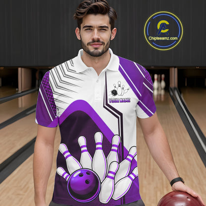 Custom White And Purple Bowling Ball Polo & Quarter Zip For Men, Bowling Team Shirt, Bowling Jersey TDM6527
