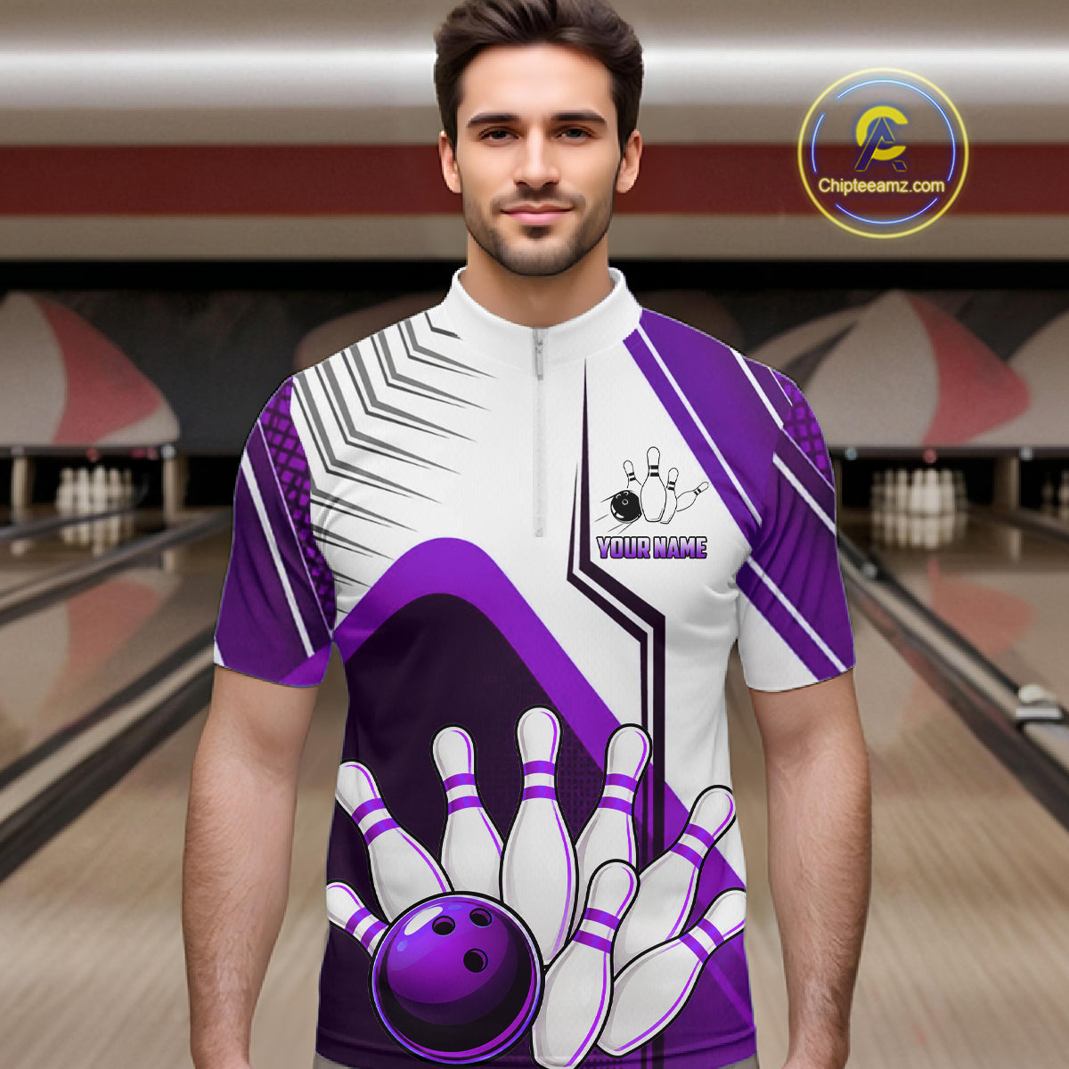 Custom White And Purple Bowling Ball Polo & Quarter Zip For Men, Bowling Team Shirt, Bowling Jersey TDM6527