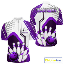 Load image into Gallery viewer, Custom White And Purple Bowling Ball Polo &amp; Quarter Zip For Men, Bowling Team Shirt, Bowling Jersey TDM6527