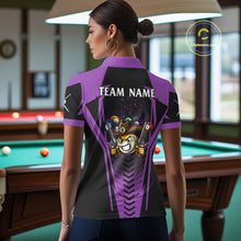 Load image into Gallery viewer, Back view of woman wearing a purple 9 ball cowboy pool shirt in a billiards hall.