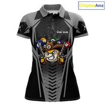 Load image into Gallery viewer, Grey 9 ball cowboy billiard polo shirt for women with funny pool team graphics.