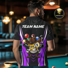 Load image into Gallery viewer, Back view of man wearing a black and purple 8 ball and 9 ball pool shirt in a billiards hall.
