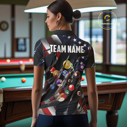 Back view of woman wearing an American flag 8 ball pool billiard shirt in a billiards hall.