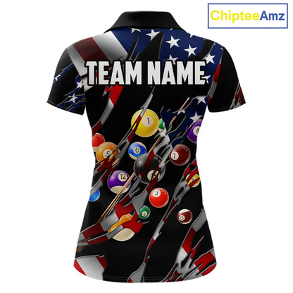 American flag 8 ball pool billiard polo shirt for women with patriotic pool team graphics.