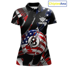 Load image into Gallery viewer, American flag 8 ball pool billiard polo shirt for women with patriotic pool team graphics.